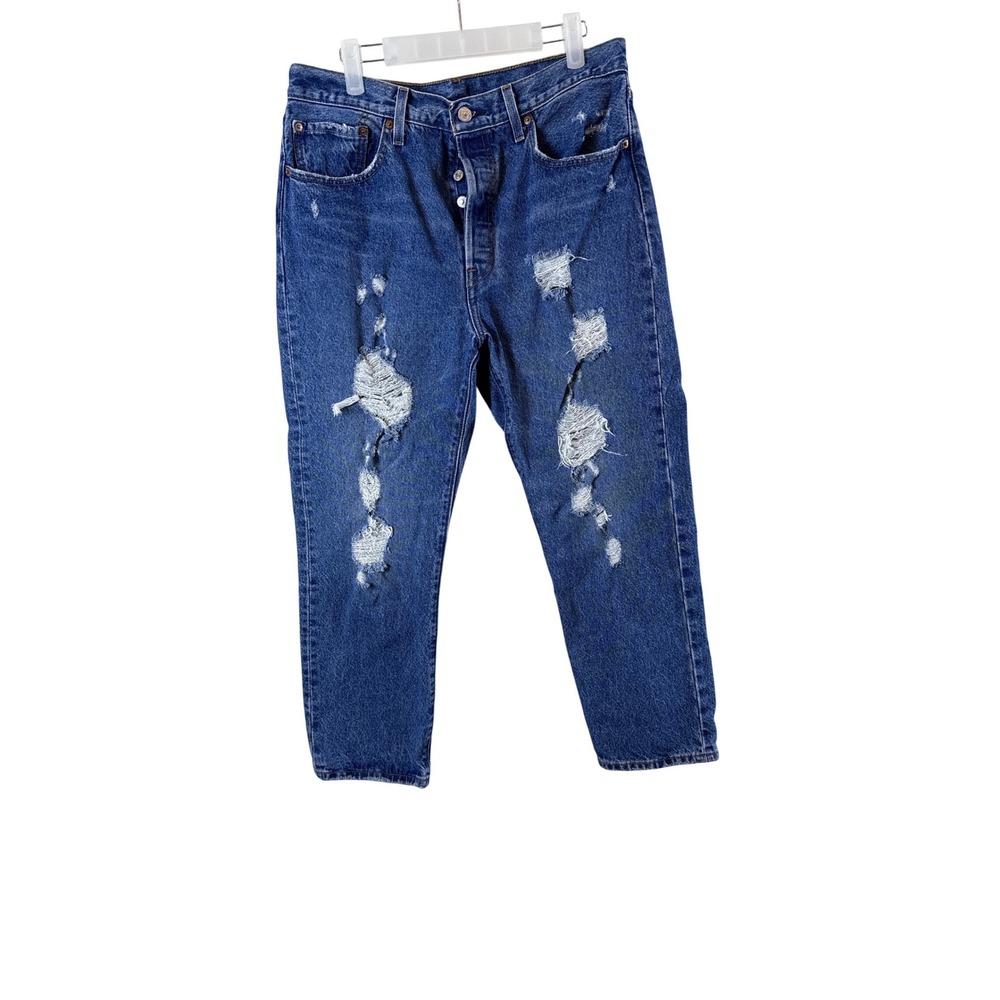 Levi's 501 Distressed Jeans High Rise Button Fly Denim Blue Womens Size 31
